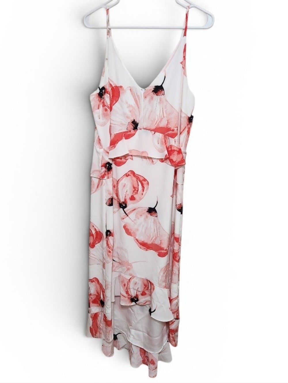 H Halston Floral Poppy V-Neck Hi-Low Peplum Spegetti Strap Midi Dress